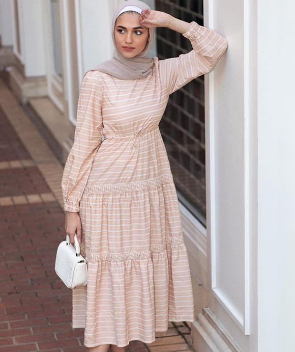 Hijab House Dresses & Skirts - Hijab House Dress Modest Striped Day Beige White 6 Maxi Tier Long Sleeve Neutral
